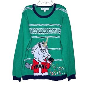 Ugly Christmas Sweater Green and Red with Unicorn Design Size Large L